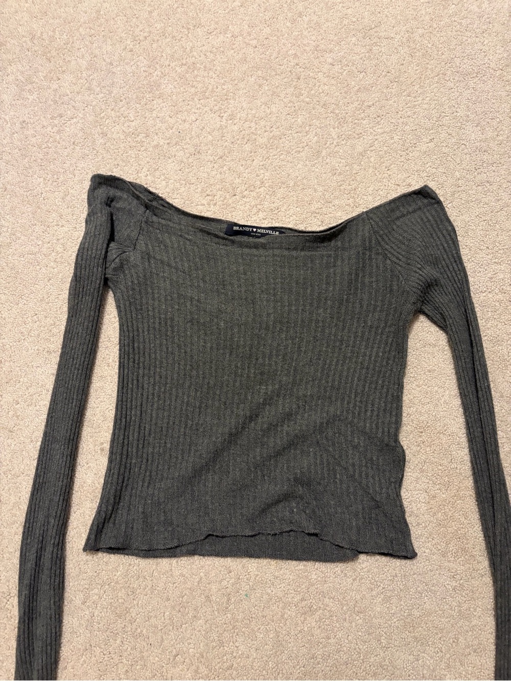 Brandy Melville Ribbed Off-Shoulder Long Sleeve Top - Charcoal